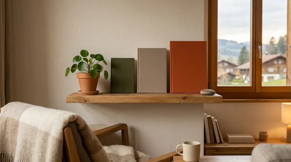 Trois carnets unis de tailles différentes alignés sur une étagère en bois dans un intérieur suisse