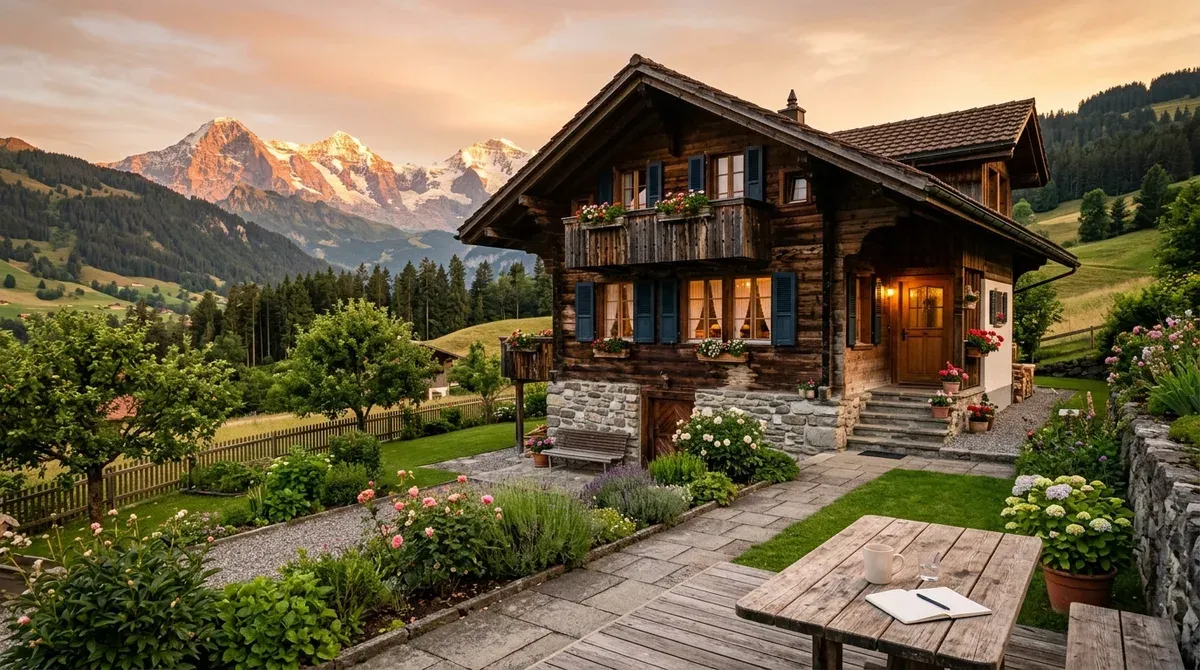 Maison individuelle suisse en bois et pierre dans la lumière du soir, jardin et montagnes en arrière-plan