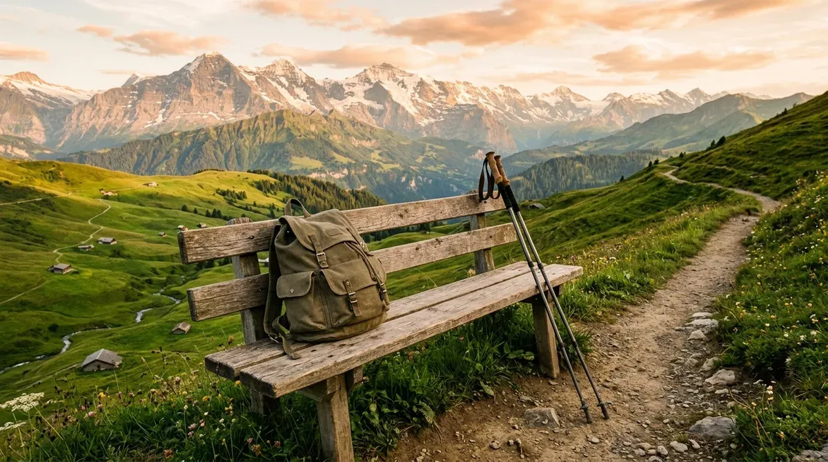 Bâtons de randonnée et sac à dos unis posés contre un banc en bois face à un panorama alpin suisse