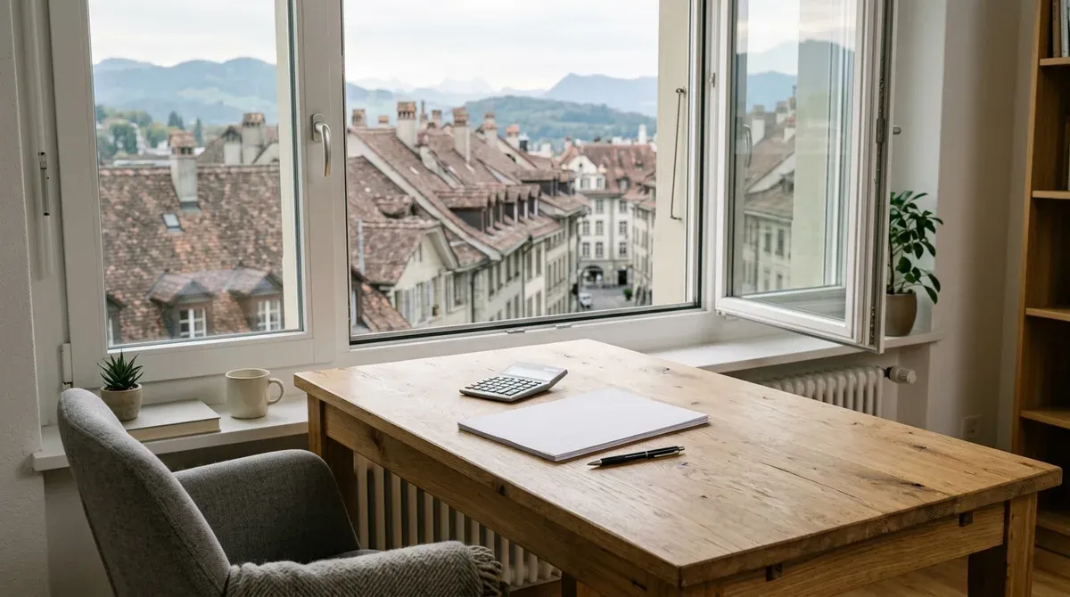 Documents de prévoyance et calculatrice posés sur un bureau dans un appartement suisse