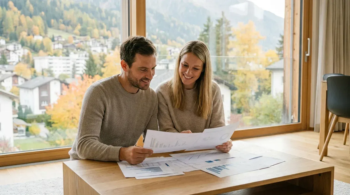 Couple d'une trentaine d'années examinant des documents financiers dans un salon lumineux