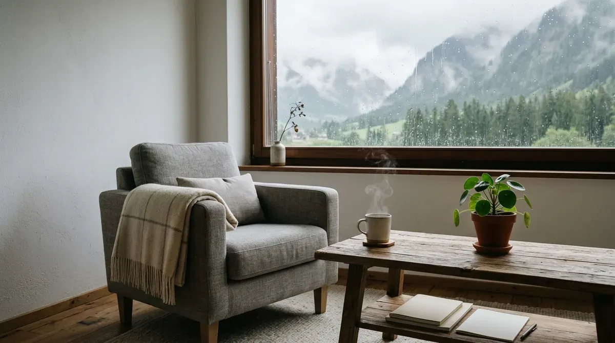 Fauteuil avec un plaid près d'une fenêtre sous la pluie dans un intérieur suisse sobre, tasse de thé posée sur une table basse