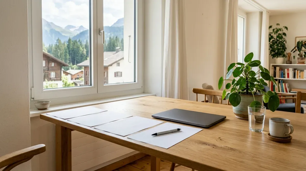 Table de travail avec documents vierges, stylo et ordinateur portable dans un appartement suisse lumineux