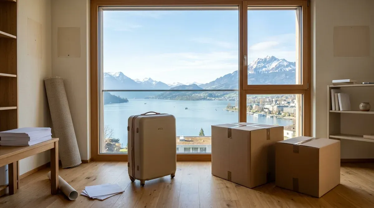 Valise rigide unie et cartons de déménagement fermés dans un appartement suisse, fenêtre donnant sur le lac et les montagnes