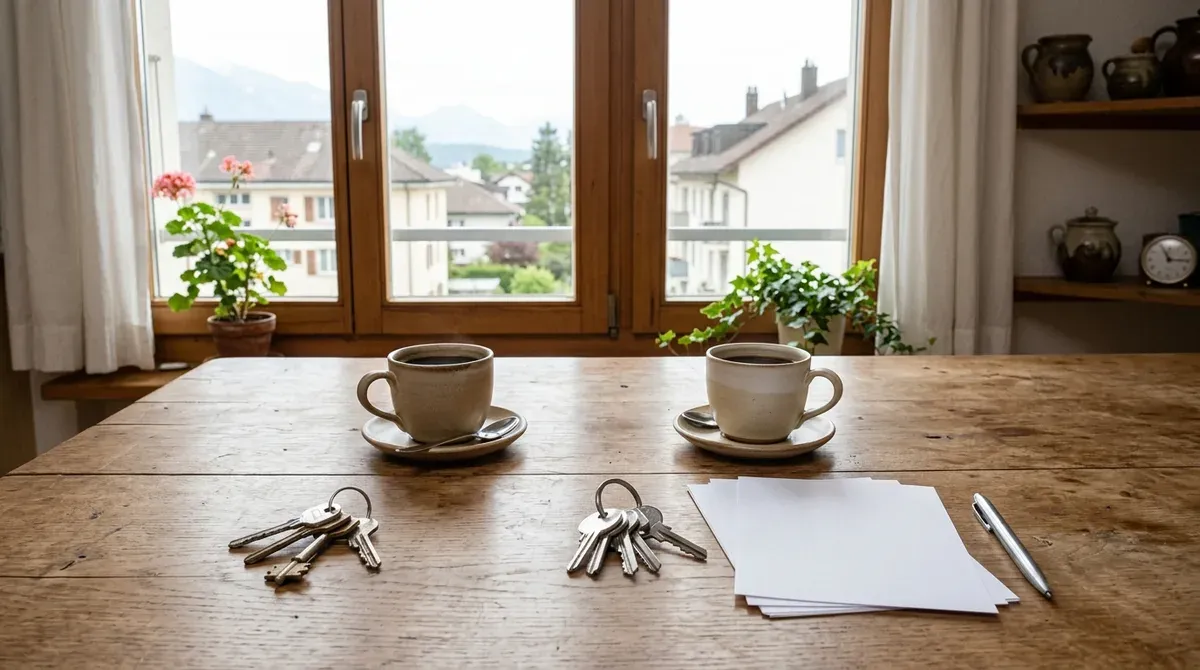 Table de cuisine suisse avec deux tasses de café et deux trousseaux de clés posés de part et d'autre