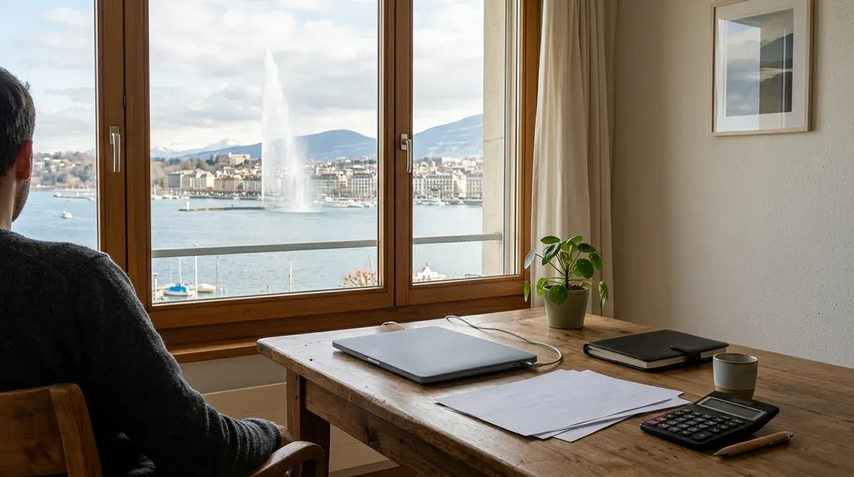 Bureau à domicile avec des documents posés près d'une fenêtre donnant sur la rade de Genève