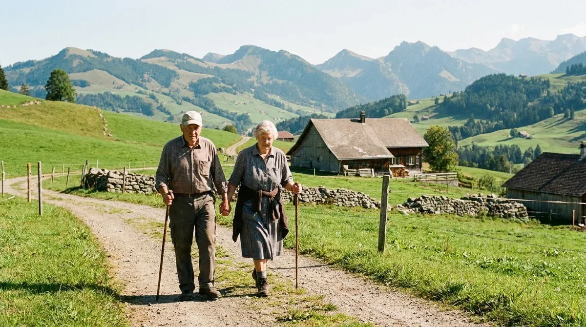 Couple de retraités marchant sur un sentier de campagne suisse par temps clair