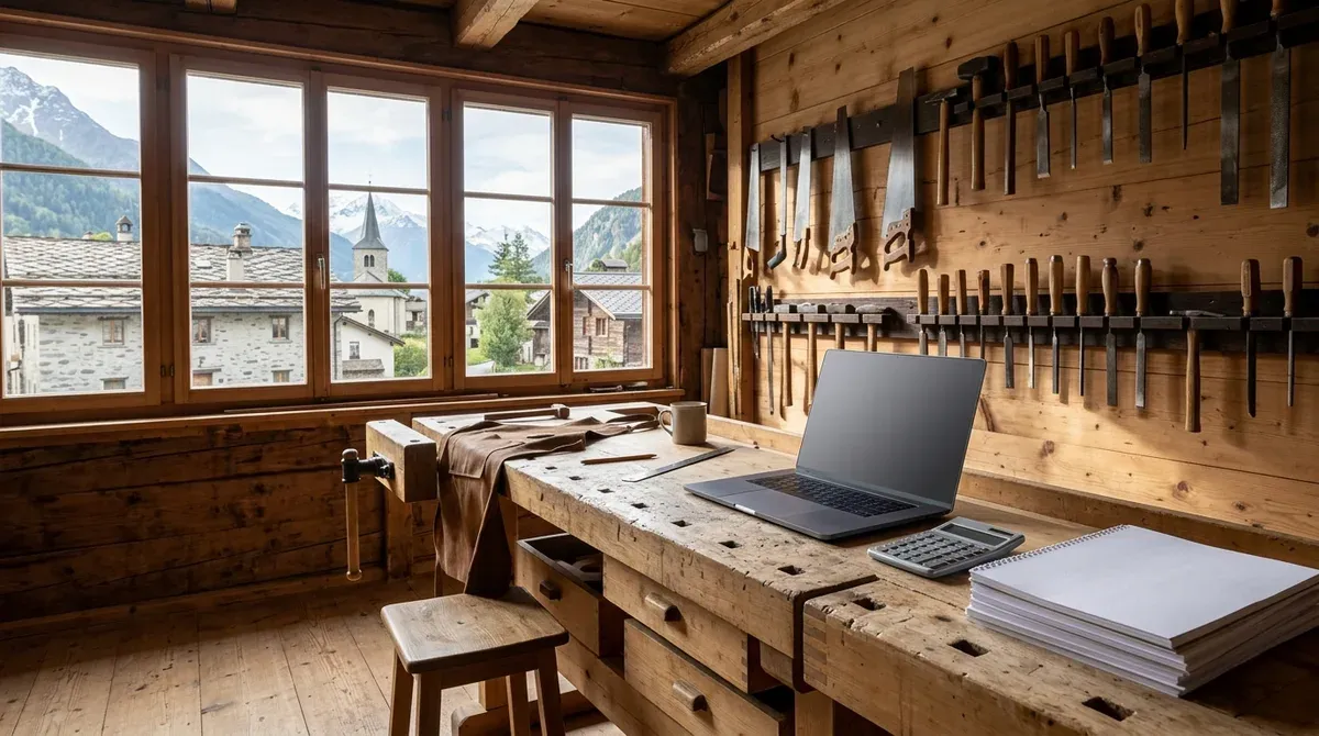 Bureau d'un artisan indépendant suisse avec documents de prévoyance et calculatrice posés sur un établi en bois