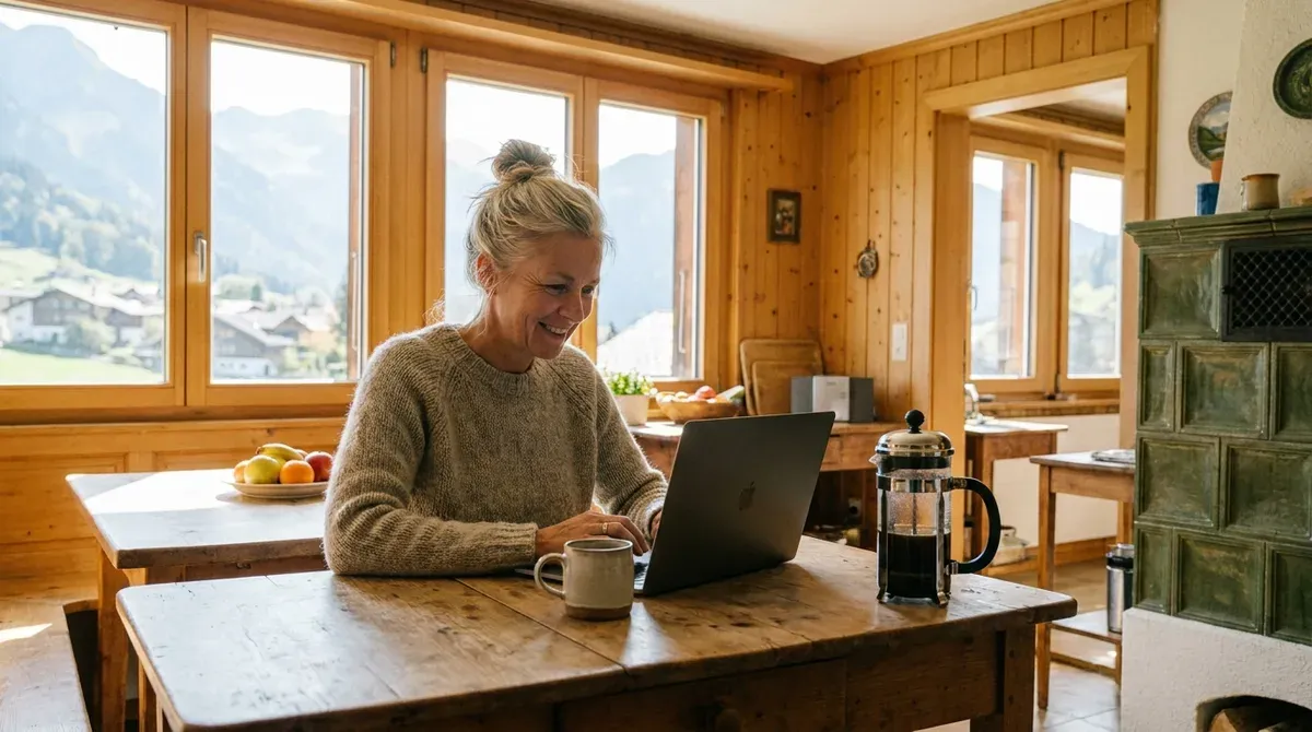 Femme d'une cinquantaine d'années consultant un ordinateur portable à la table de sa cuisine