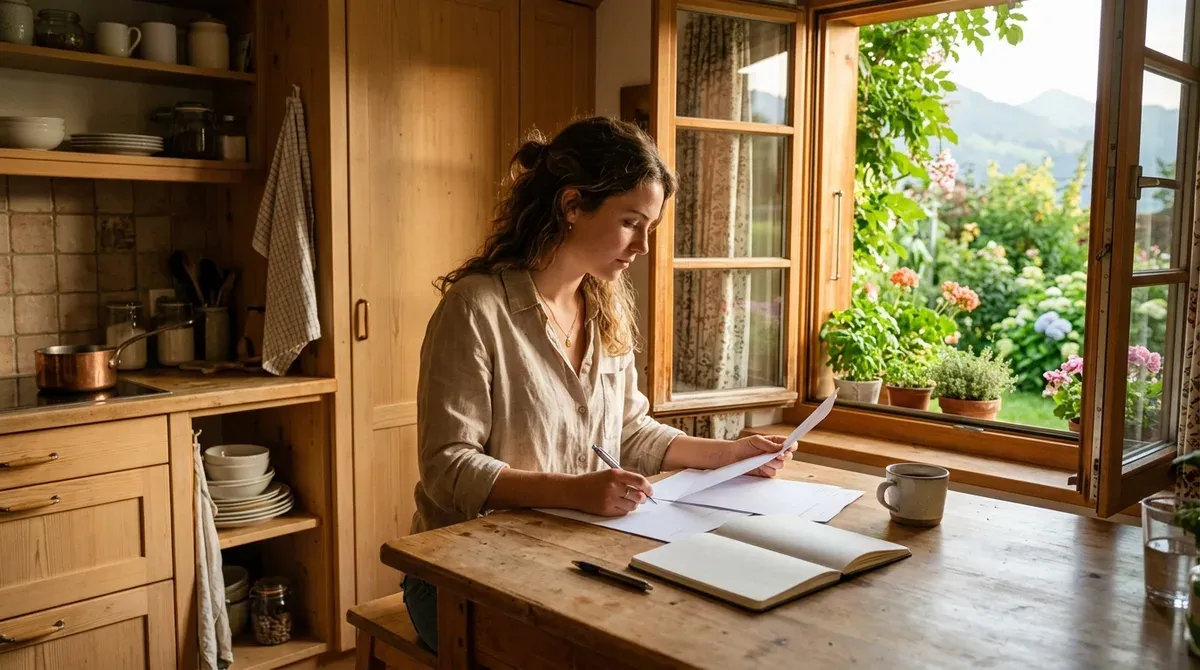 Jeune femme consultant des documents bancaires dans une cuisine lumineuse, un carnet posé devant elle