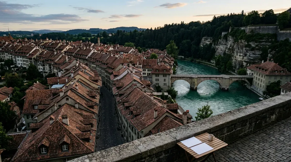 Vieille ville de Fribourg en contrebas avec ses toits et un pont sur la Sarine, falaise de molasse