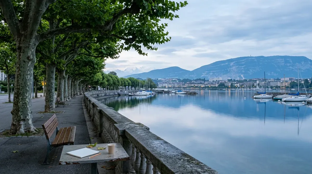 Quais arborés du lac à Genève au petit matin, eau calme et montagnes à l'horizon