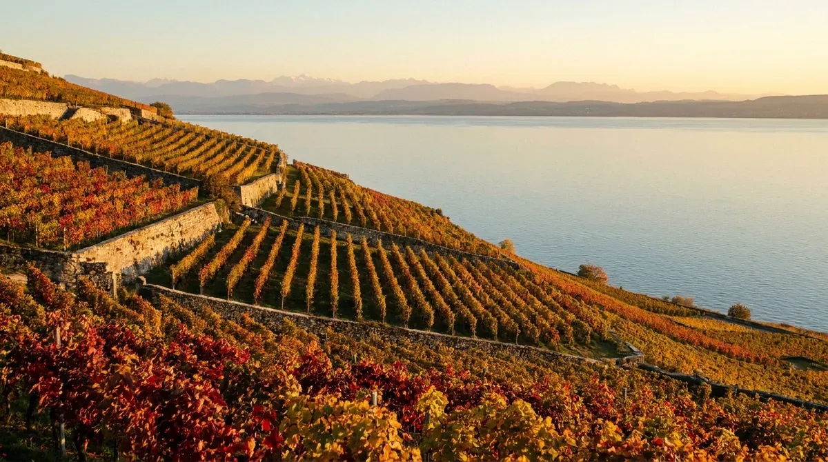 Vignes en rangs descendant vers le lac de Neuchâtel en fin de journée, Alpes à l'horizon