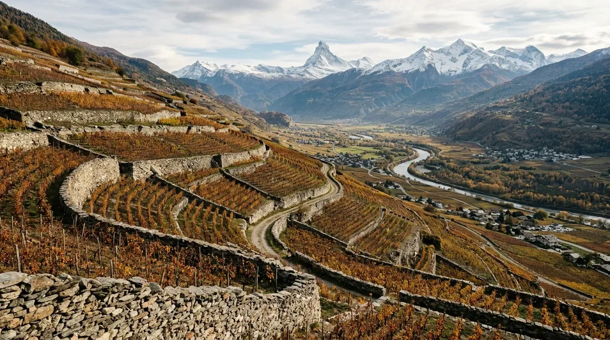 Vignes en terrasses sur un coteau valaisan dominant la vallée du Rhône, sommets enneigés à l'horizon