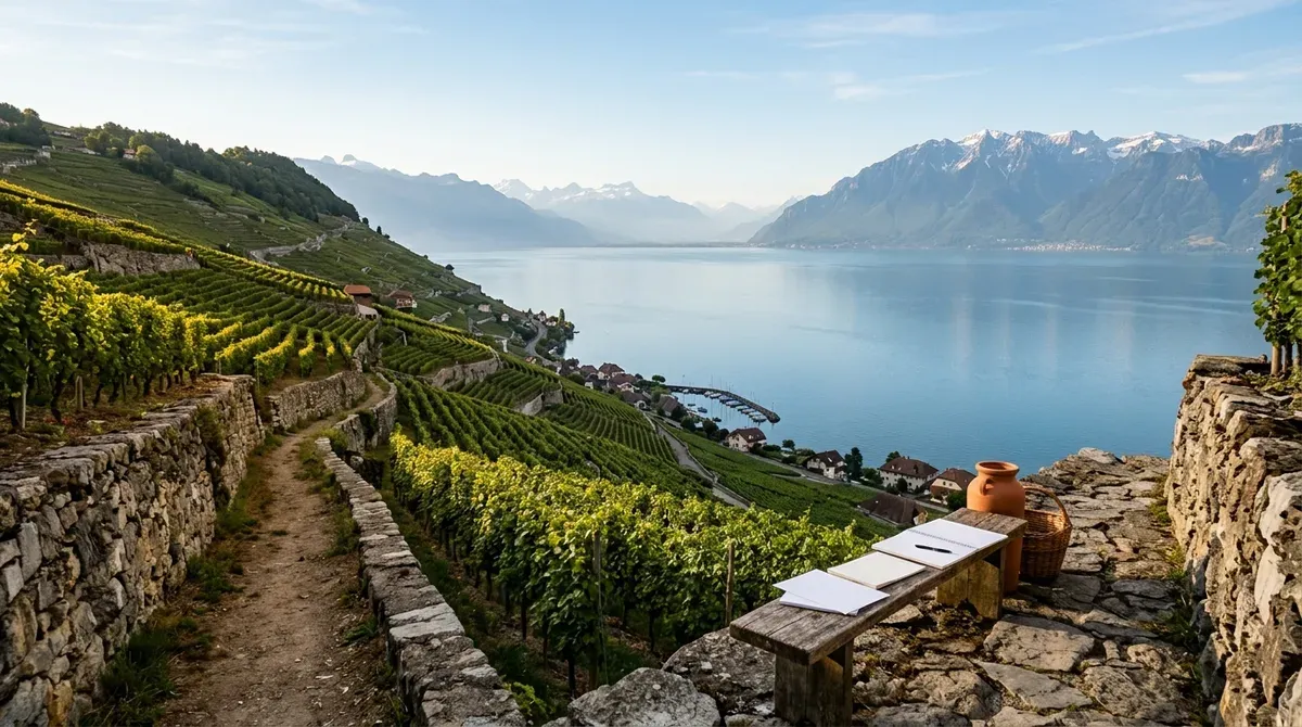 Vignobles en terrasses de Lavaux descendant vers le lac Léman au lever du soleil