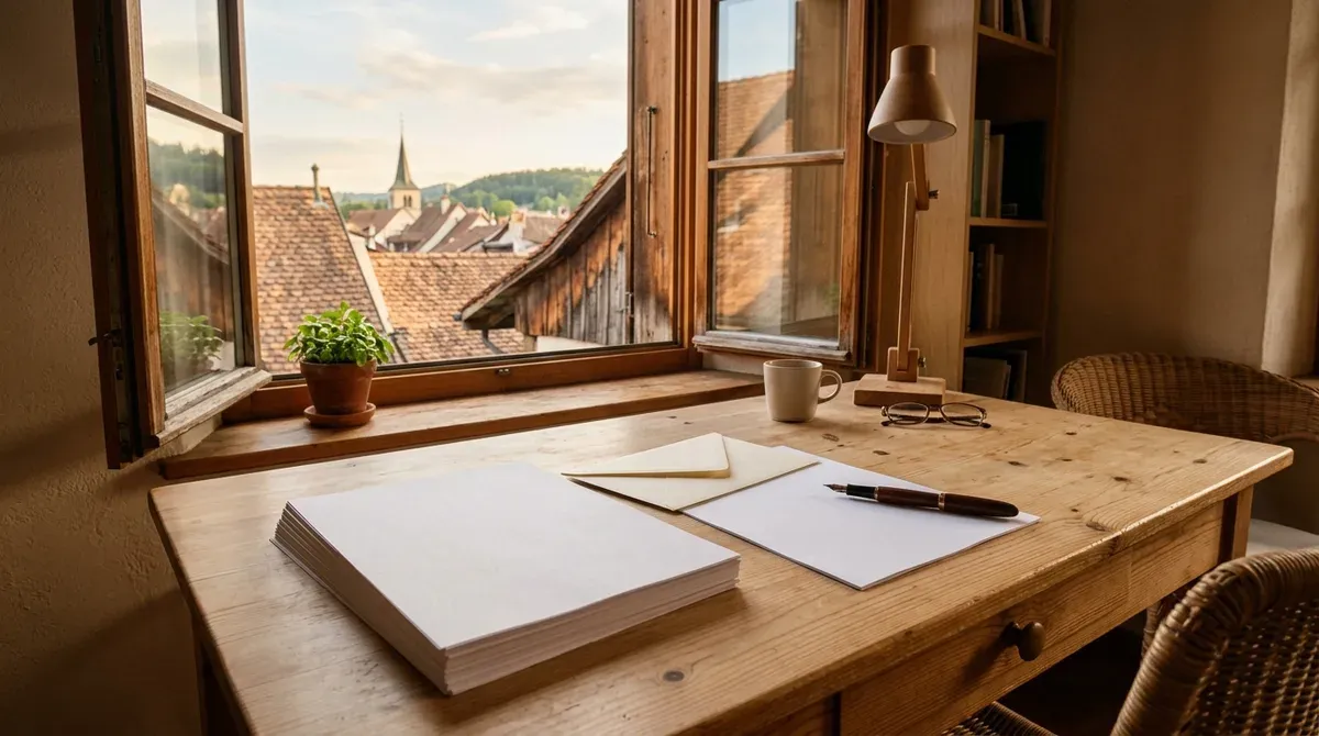 Documents vierges, stylo et enveloppe posés sur un bureau en bois clair devant une fenêtre ouverte sur des toits suisses