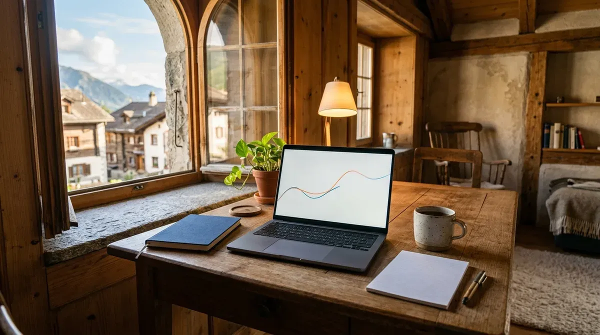 Bureau en bois avec ordinateur portable ouvert sur un graphique abstrait, carnet et tasse dans un intérieur suisse