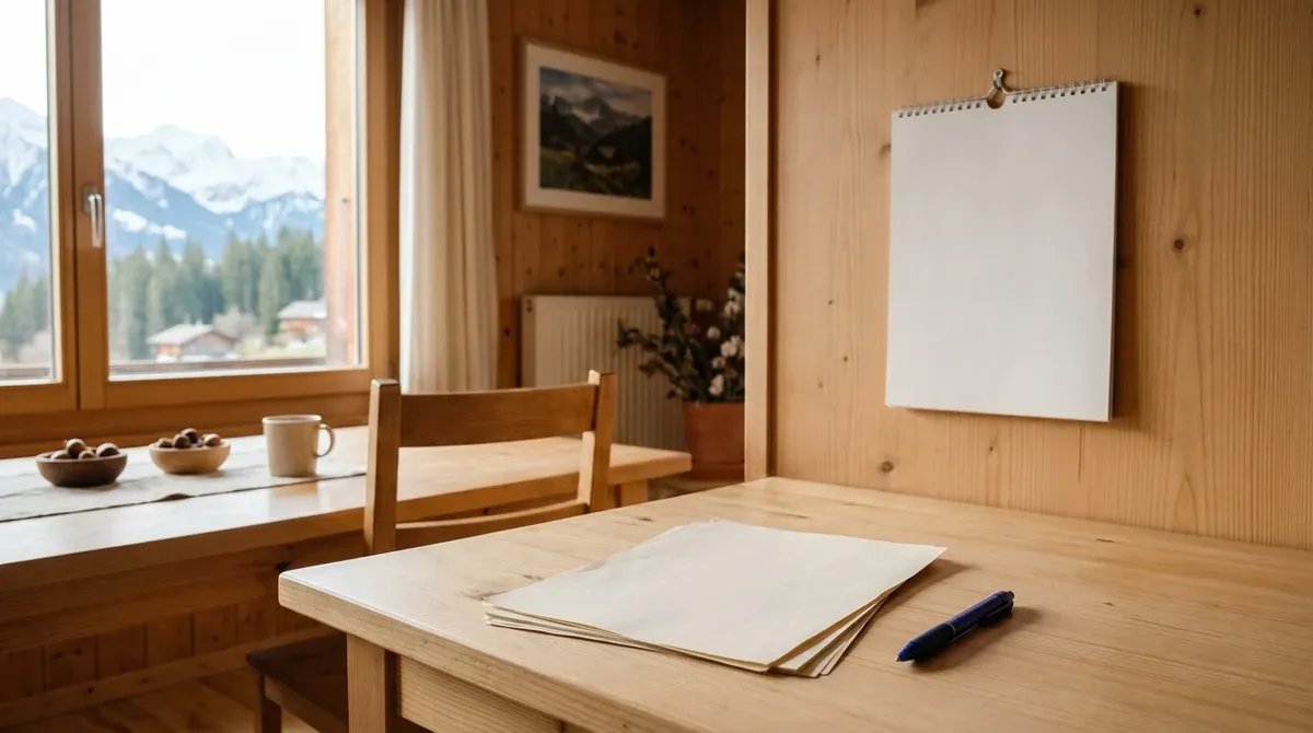 Calendrier mural vierge et documents posés sur une table en bois dans un intérieur suisse lumineux
