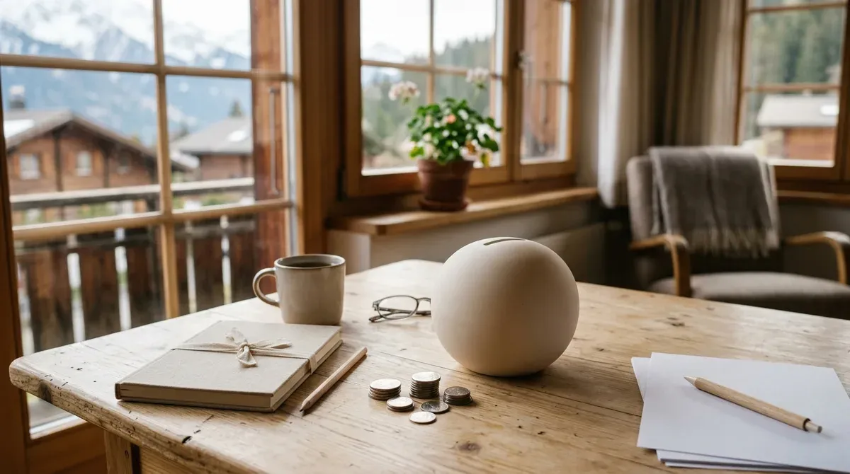 Tirelire en céramique unie et pièces de monnaie posées sur une table en bois dans un intérieur suisse