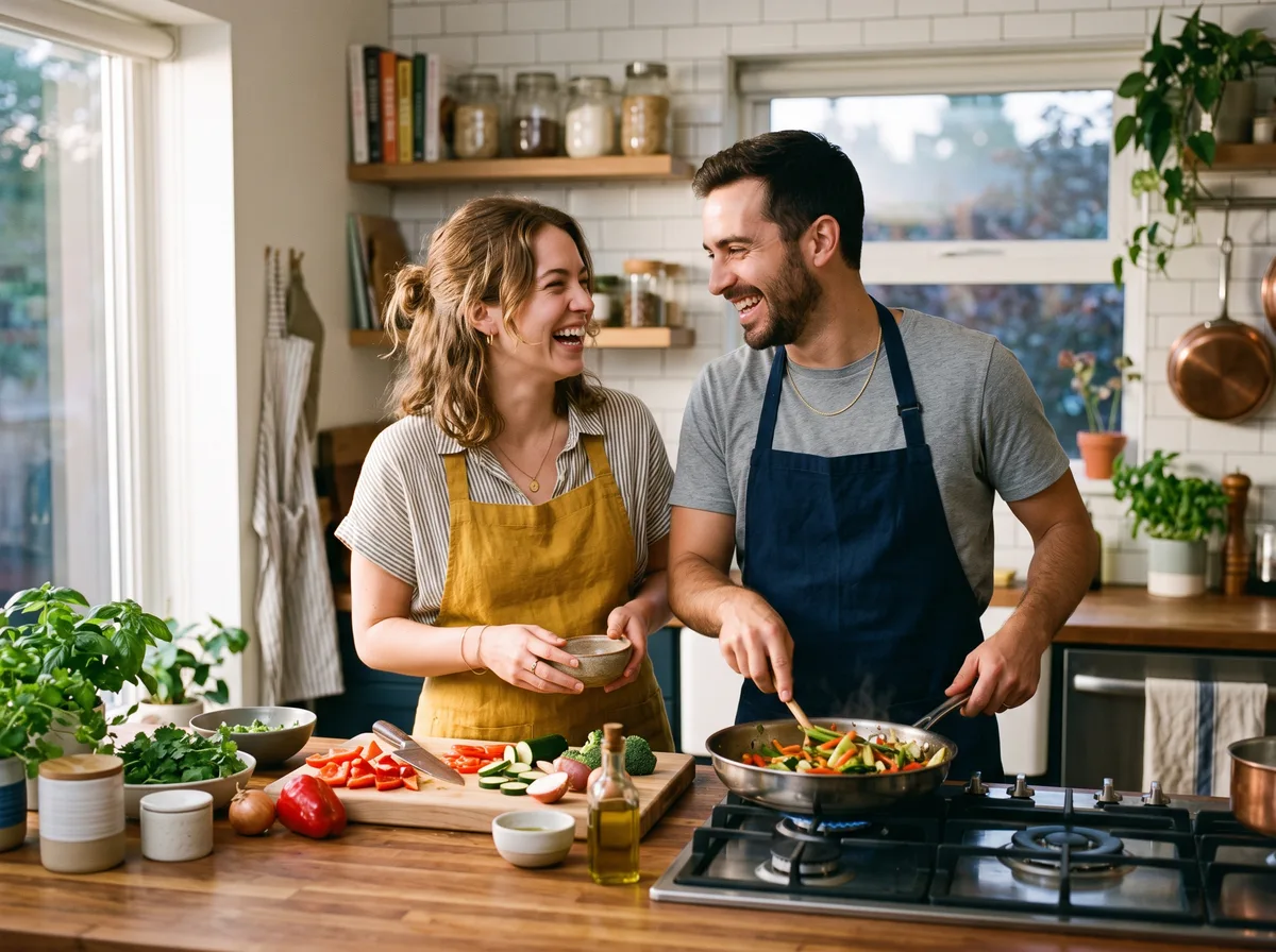 Un jeune couple cuisine ensemble dans une cuisine lumineuse