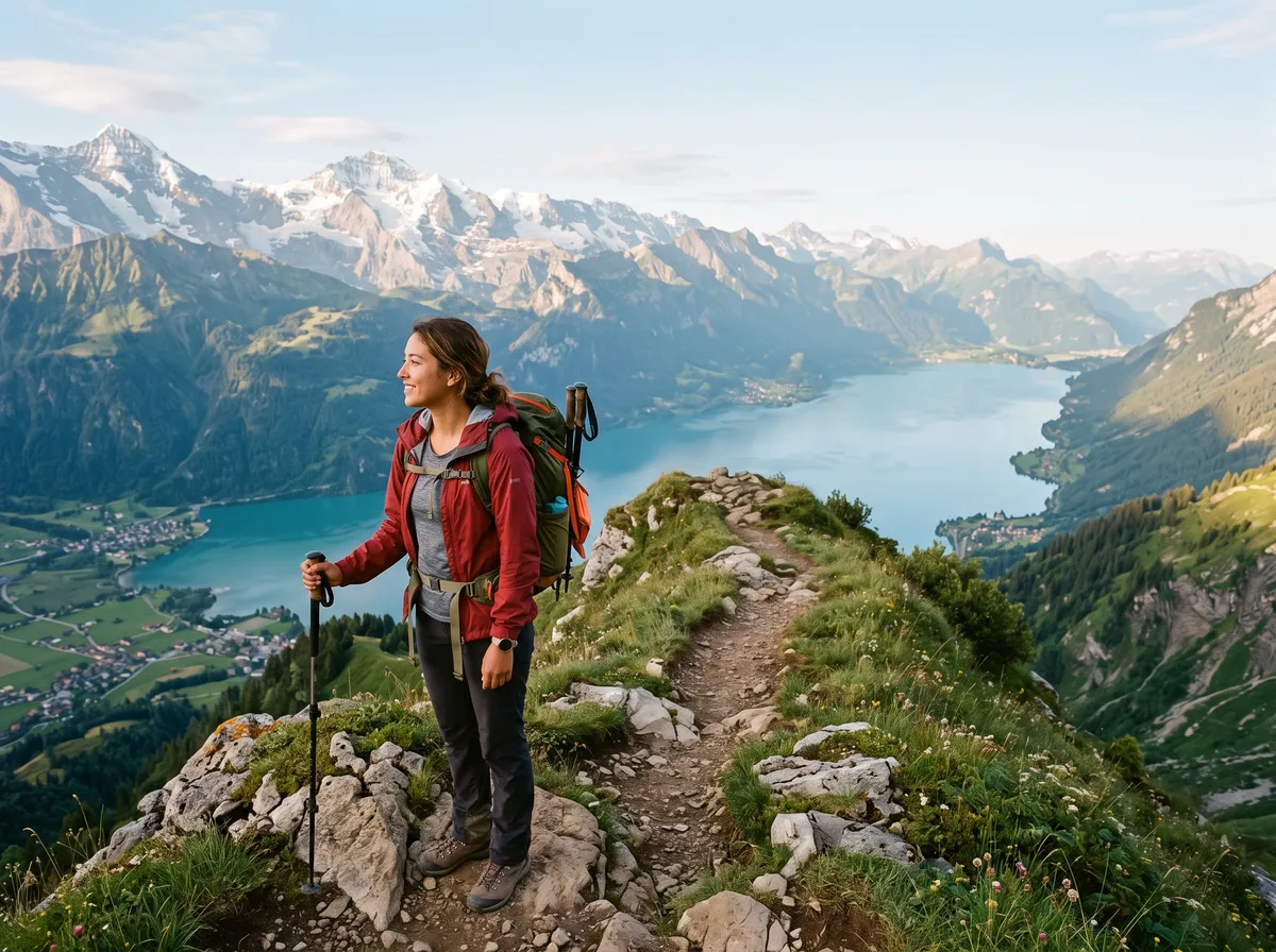 Une randonneuse contemple un lac depuis un sentier de montagne suisse